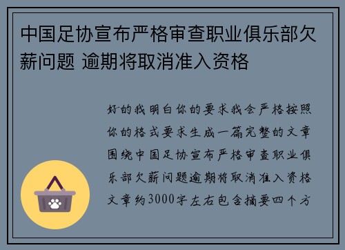 中国足协宣布严格审查职业俱乐部欠薪问题 逾期将取消准入资格