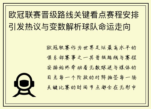 欧冠联赛晋级路线关键看点赛程安排引发热议与变数解析球队命运走向